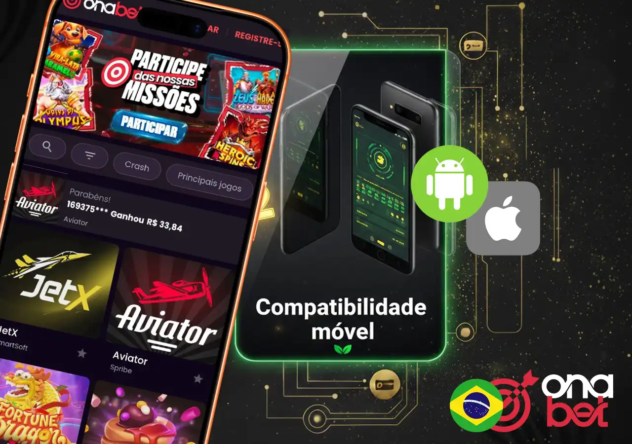 Interface móvel da Onabet para smartphones Android e iOS com jogabilidade otimizada no Brasil.